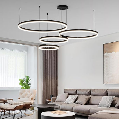 Mikeru Modern 4 Ring Chandelier Light, LED Pendant Light Fixtures with Remote Control 3000k-6500K Adjustable Color Temperature Light for Living Room, Bedroom, Kitchen