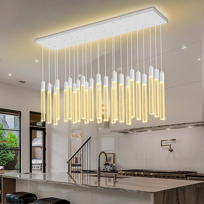 24-Light Rectangular Crystal Chandelier, Large Silver Bubble Crystal Column Pendant Light, Adjustable Height Hanging Chandeliers for Kitchen Island, Living Room, Foyer