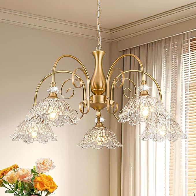 5-Light Vintage Chandeliers in Matte Brass Finish with Crystal Glass Shades, Retro Chandelier Light for Dining Room,Hallway,Kitchen