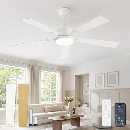 52 Inch Ceiling Fans with Lights and Remote&APP Control, White Smart Ceiling Fan with 3000-6000K Dimmable, 10 Speeds Quiet Reversible Motor, Indoor/Outdoor Ceiling Fan for Bedroom Living Room