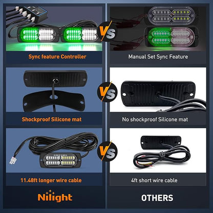 Nilight 4PCS LED Strobe lights 12V 24V Sync Feature Green White 24LED Emergency Hazard Warning Lights with Controller Hard Wire or Cigarette Lighter Plug for Car Truck RVs Campers