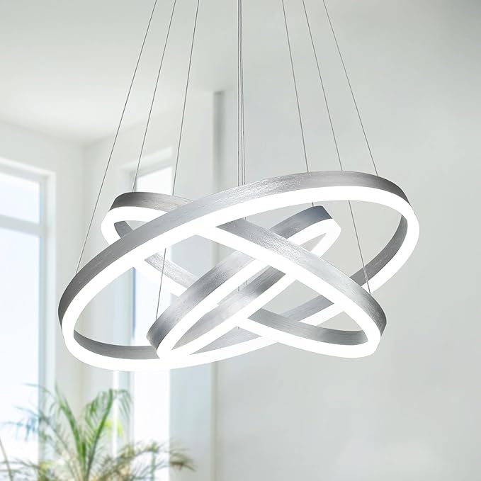 Modern Sliver Led Chandelier 3 Rings Pendant Lights Dimmable Chandeliers Color Temperature Height Adjustable Sliver Chandelier Led Pendant Light for Dining Room Bedroom Entryway Living Room