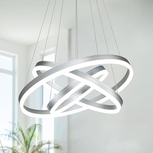 Modern Sliver Led Chandelier 3 Rings Pendant Lights Dimmable Chandeliers Color Temperature Height Adjustable Sliver Chandelier Led Pendant Light for Dining Room Bedroom Entryway Living Room