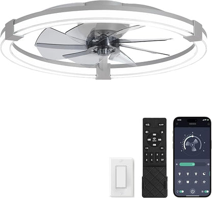 LEDIARY Ceiling Fans with Lights, 23 Inch Low Profile Ceiling Fan with Remote, 6 Speeds, Reversible, Dimmable Flush Mount Fan Light, Modern Fandelier Ceiling Fan with Lights for Bedroom, Grey