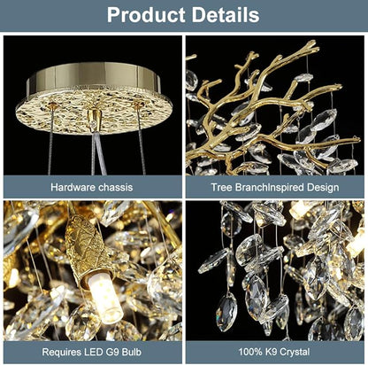 Modern Crystal Tree Branches Chandelier, 23.5in Gold 8 Lights Large Ceiling Hanging Light for Dining Room, Round Raindrop Pendant Light Fixture