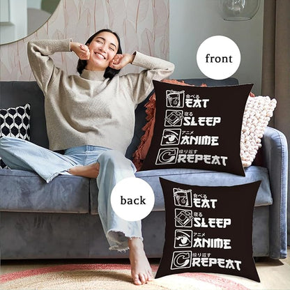 Anime Decor, Just a Girl Who Loves Anime Anime Room Decorative Throw Pillow Covers, Girls Anime Gifts Anime Lovers for Home Living Room Women Girl Bedroom Decoration Gifts Black