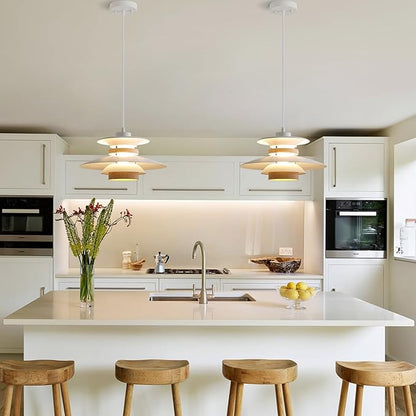 EFINEHOME Modern Decor Adjustable Pendant Lamp Kitchen Island, Aluminum and Wood Finish,1-Light E26 Base Ceiling Hanging Light for Dining Room Shop Restaurant (White+Light Wood Grain, 40cm)