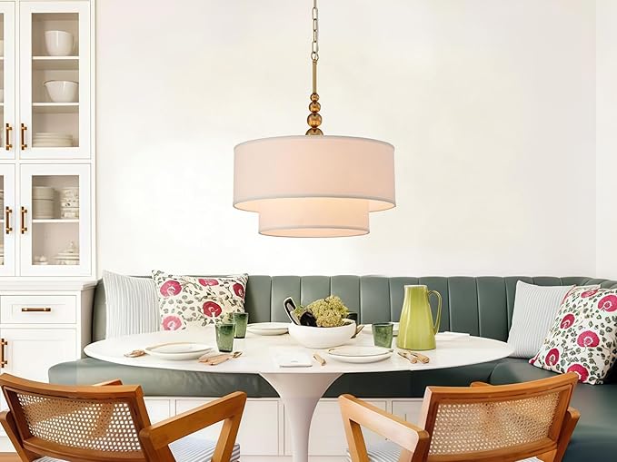 Shrine Lighting White Double Drum Chandelier, Dining Room Design, Drum Pendant Lights for Dining Room, D20'' x H10'', Adjustable Chains 55'', E12*4 Sockets, White Linen Fabric Lampshade & Gold Rod