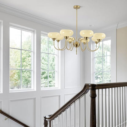 BOKT Large 8-Light Chandelier Modern Sputnik Chandeliers Flush Mount Ceiling Lights Cream Adjustable Height Pendant Lighting Vintage Gold Chandeliers with Light Yellow Glass Classic Ceiling Light