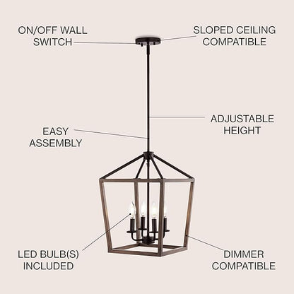 JONATHAN Y 13" Oil Rubbed Bronze/Faux Wood 4-Light Farmhouse Lantern Pendant Light, LED Cage Chandelier for Kitchen Island, Foyer, Entry, Metal Wood Finish Shade, Bulbs Included (JYL1322A)