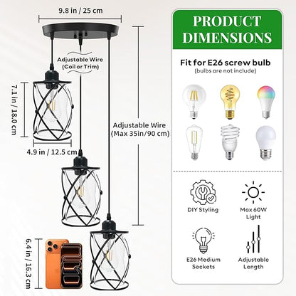3 Light Pendant Lighting, Farmhouse Hanging Light Fixture for Kitchen Island & Dining Room, Industrial Vintage Ceiling Lamp with E26 Base, Adjustable Height, Matte Black with Glass Shades