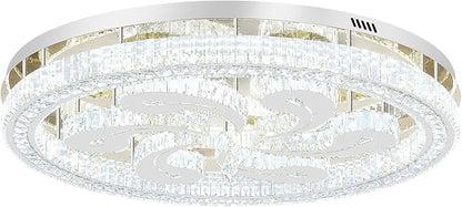 Modern Crystal Chandeliers for Dining Room Flush Mount Ceiling Chandelier for Living Room Dining Room Ring LED Crystal Ceiling Light (Round,40in Silver,Dimmable 2700K-6500K)