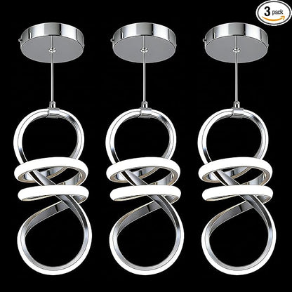 EIDISUNY Modern Led Pendant Light Fixture, 15W Chrome Spiral Pendant Light Kitchen Island, 4500K Daylight White Pendant Lamp, Adjustable Height Chandelier for Kitchen Dining Room Bedroom (3 Packs)
