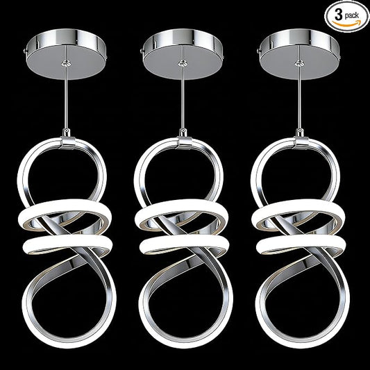 EIDISUNY Modern Led Pendant Light Fixture, 15W Chrome Spiral Pendant Light Kitchen Island, 4500K Daylight White Pendant Lamp, Adjustable Height Chandelier for Kitchen Dining Room Bedroom (3 Packs)