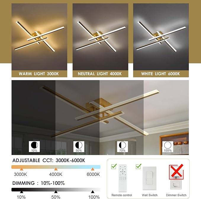Gold Modern Led Chandelier 4-Lights Semi-Flush Mount Ceiling Lighting Fixture 35.4” Dimmable Remote Control Ceiling Light for Living Room Bedroom Kitchen Foyer