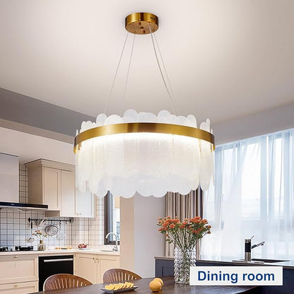 Depuley Modern Gold Glass Chandeliers: 23.6" Dimmable LED Chandeliers Light Fixture with Remote Control - 3 Colors Contemporary Pendant Ceiling Light for Dining Living Room Kitchen Island Foyer