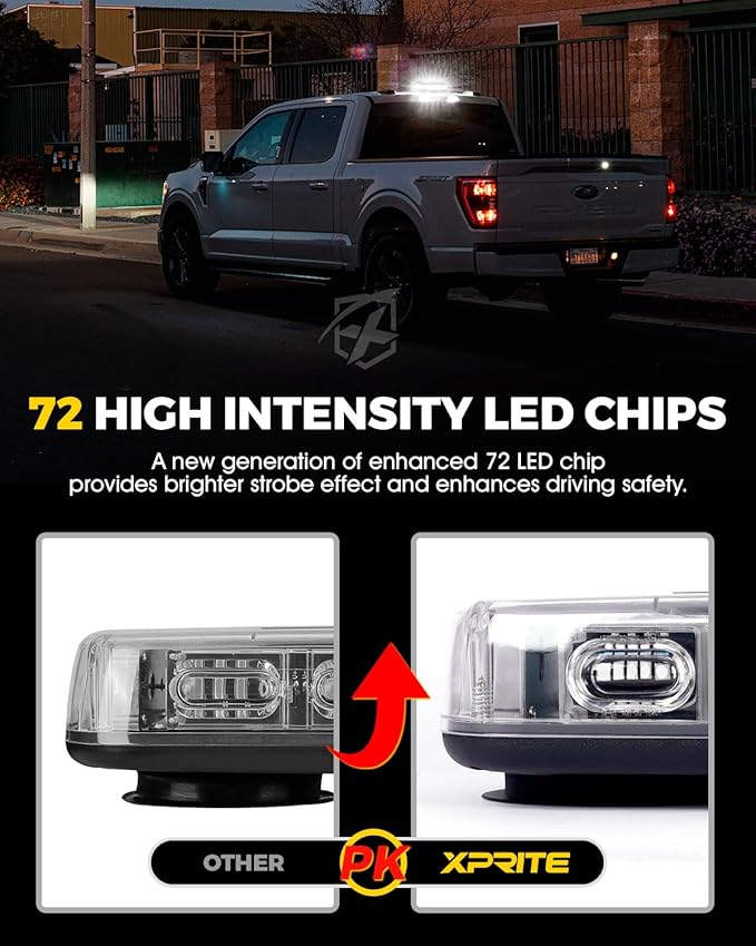 Xprite Upgraded 12" 72LED Rooftop Mini Strobe Lights, Emergency Safety Flashing Beacon Light Bar with Magnetic Base for 12V-24V Construction Vehicles, Trucks, Snow Plow, Postal Car (White)
