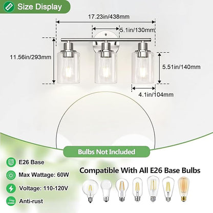 Zarbitta 3-Light Bathroom Light Fixtures, Brushed Nickel Vanity Light, Farmhouse Wall Lights with Clear Glass Shade, Bathroom Wall Lamp for Mirror Kitchen Bedroom Hallway Living Room Hallway Cabinet