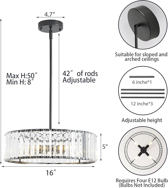 4-Light Black Crystal Chandelier for Dining Room,Modern Semi Flush Mount Ceiling Lighting Fixtures,Round Kitchen Hanging Drum Pendant Lights for Living Room Bedroom Foyer， 16 Inch