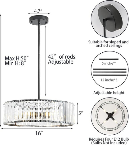 4-Light Black Crystal Chandelier for Dining Room,Modern Semi Flush Mount Ceiling Lighting Fixtures,Round Kitchen Hanging Drum Pendant Lights for Living Room Bedroom Foyer， 16 Inch