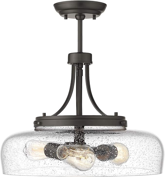 EAPUDUN Farmhouse Semi Flush Mount Ceiling Light Fixture, 3-Light Industrial Pendant Light in Oil Rubbed Bronze Finish with Clear Seeded Glass Shade, SMA1126-ORB