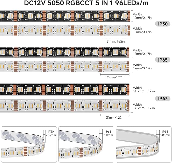 BTF-LIGHTING RGBCCT 5 Colors in 1 LED 5050SMD RGBWW RGB+Dimmable Tunable Color Temperature 2700K-6500K UL Listed 16.4ft 96LEDs/m 480LEDs DC12V Multi-Colored Tape Lights IP67(No Adapter or Controller)