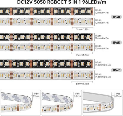 BTF-LIGHTING RGBCCT 5 Colors in 1 LED 5050SMD RGBWW RGB+Dimmable Tunable Color Temperature 2700K-6500K UL Listed 16.4ft 96LEDs/m 480LEDs DC12V Multi-Colored Tape Lights IP65(No Adapter or Controller)