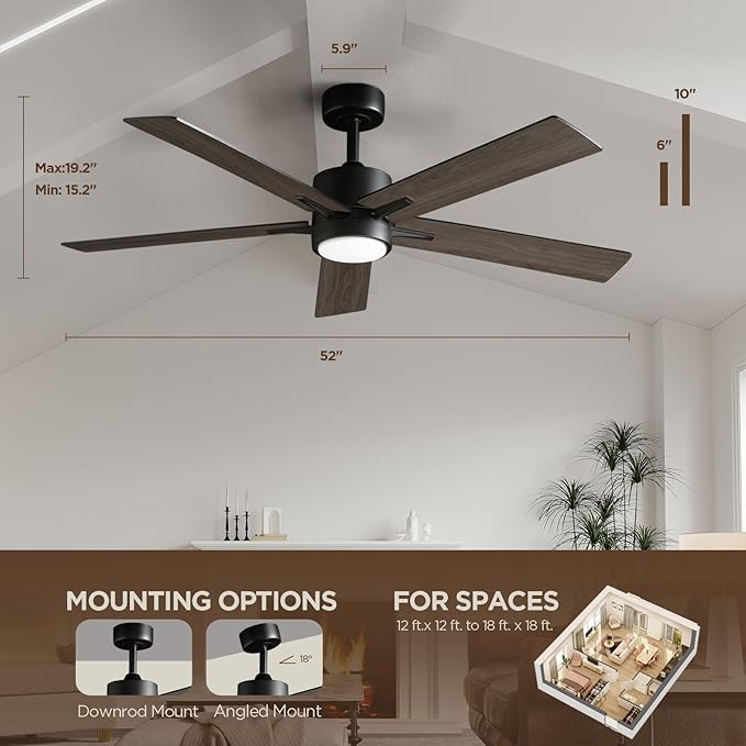 Ceiling Fan with Light Remote: 52 Inch Modern Bedroom Fans with Dimmable Tri-Color Temperature LED - Quiet Reversible DC Motor - Indoor Outdoor