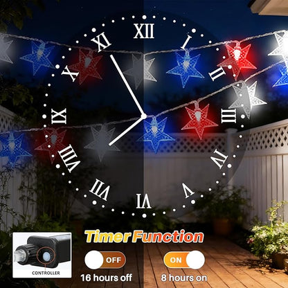 LAMPHOME Red White Blue Star String Lights, 33ft 100 LED Clear Wire Fairy Lights with 16 Modes, Plug-in Decor for 4th of July Patriotic Christmas Tree Bedroom Garden Wedding Birthday Party