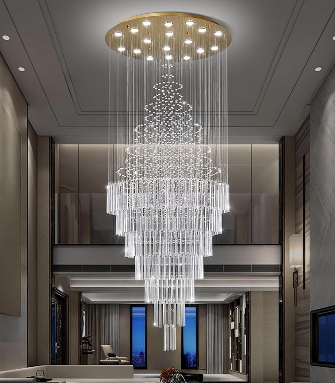 HAIXIANG W40 x H120 Glam Chandelier with LED Bulbs Crystal Raindrop High Ceiling Pendant Light for Entrance Large Villa Chandelier Foyer Lighting Fixtures Gold