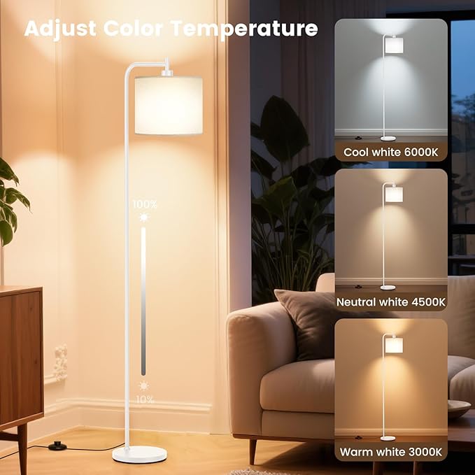 SIBRILLE Floor Lamp with Linen Shade, Dimmable Tall Standing Lamp with Remote Control & 3 Color Temperatures, Modern Corner Floor Lamps for Living Room Bedroom Office, 9W LED Bulb Included