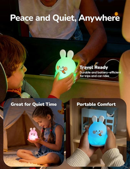 Mini Slumber Pal Bunny Night Light for Kids, 8 Color Changing with Warm Red Glow & Timer, Cute Silicone Squishy Night Light, Portable Rechargeable Night Light for Baby Car Seat, Bedroom & Travel