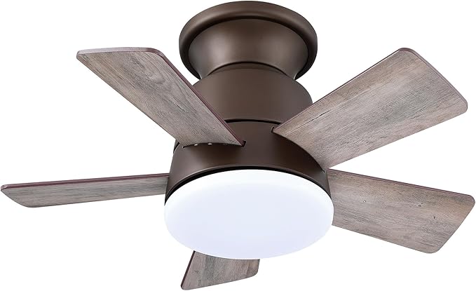 24" Mini Flush Mount Ceiling Fan with Light and Remote, 5-Blade Small Ceiling Fan for Bedroom Kitchen Office, Reversible AC Motor, Hugger Low Profile Fan with 3000K LED Light，Antique Brass