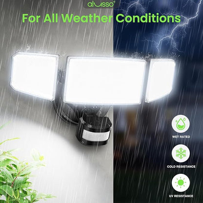 ALUSSO Motion Sensor Outdoor Lights Hardwired(Not Solar),Flood Lights Outdoor 120V, Dusk to Dawn/Auto/On Time, 3CCT 3000K/4000K/6500K Security Light,ETL,3 Modes Metal Black 60W 6000LM