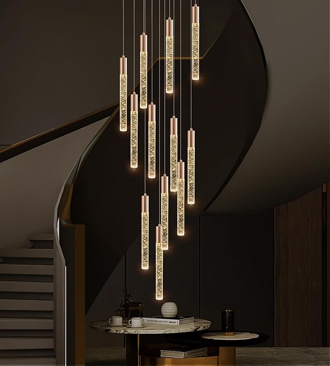 Modern High Ceiling Crystal Chandelier 12-Lights, Large Spiral LED Raindrop Foyer Pendant Lighting, Bubble Staircase Living Room Hanging Light Fixture Flush Mount Gold