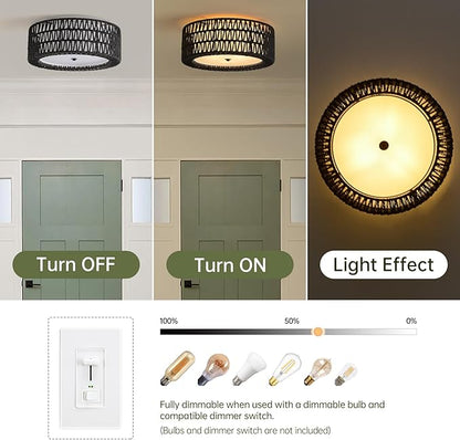 Boho Flush Mount Ceiling Light, 3-Light Rattan Light Fixture Bedroom Light Fixtures 15.7" Modern Black Ceiling Light for Nursery Hallway Entryway Kitchen Dining Room
