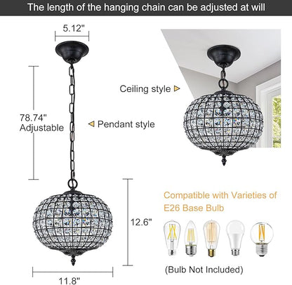 Globe Chandelier, 12" Vintage Crystal Black Dining Room Light Fixture with Gold Accents Crystal Pendant Light Antique Foyer Chandeliers for Bedroom Living Room Hallway Entryway