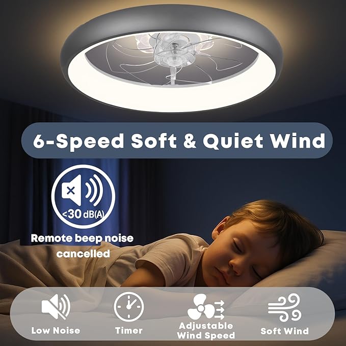 Fszdorj 20'' Ceiling Fan with Light, Upgraded Low Profile Fan, Flush Mount Ceiling Fan, 6 Speeds, Dimmable LED, App & Remote Control, Quiet DC Motor, for Bedroom, Living Room, F109 Grey