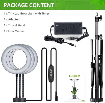 LORDEM Grow Light for Indoor Plants, 7.9" Diameter Tri-Head Plant Light for Plants Growing, Full Spectrum Growth Lamp with Auto Timer 3/6/12H, 4 Dimmable Levels, 3 Lighting Modes, Adjustable Stand