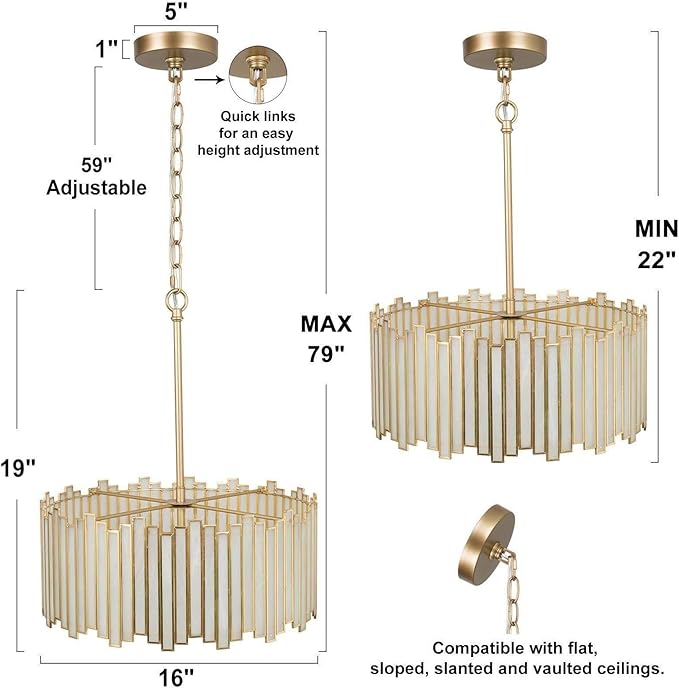 KSANA Gold Drum Chandelier, Modern Drum Pendant Light Fixture with Cream Glass Shade for Dining & Living Room, Bedroom, Foyer and Kitchen