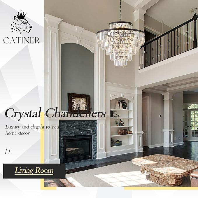 CATINER Large Crystal Chandeliers 23 Lights 36" Modern Black Luxury Chandelier for Foyer Staircase Chandeliers 6 Tiers Round K9 Ceiling Pendant Lighting Fixture for Living Dining Room