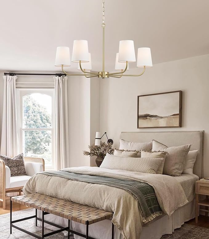 6-Light Brushed Gold Pendant Chandelier with White Linen Shades, E12 Base - Farmhouse & Industrial Style for Kitchen, Living Room, Dining Room, or Bedroom Lighting