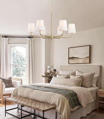 6-Light Brushed Gold Pendant Chandelier with White Linen Shades, E12 Base - Farmhouse & Industrial Style for Kitchen, Living Room, Dining Room, or Bedroom Lighting