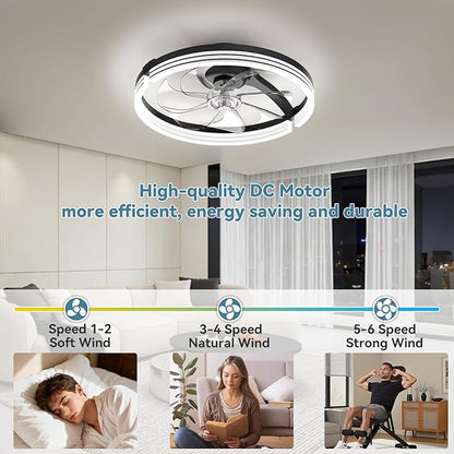 AIKVSXER Ceiling Fans with Lights,20 Inch Low Profile Fandelier with APP Control, Ultra Quiet,3CCT and 6 Wind Speeds for Bedroom, Living Room Modern Flush Mount Fan Light (Black, 20inch-Stripe Fold)