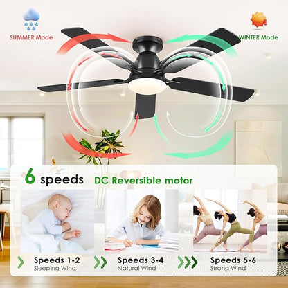 Mpayel 52 Inch Ceiling Fans with Lights and Remote, Black Ceiling Fan with Light Flush Mount, Low Noise, Reversible, Dimmable, Modern Low Profile Ceiling Fan with Light for Bedroom Indoor Outdoor