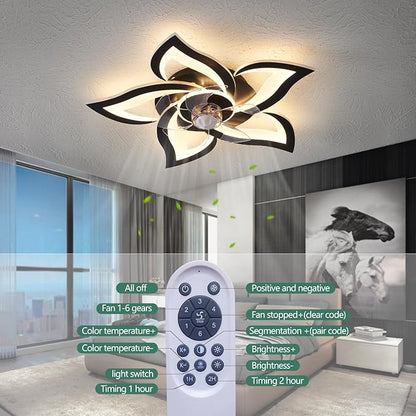 24" Geometric Ceiling Fan with Lights Remote Control, 6 Speeds 3 Colors Black Low Profile Ceiling Fan with Light for Kitchen Bedroom Living Room