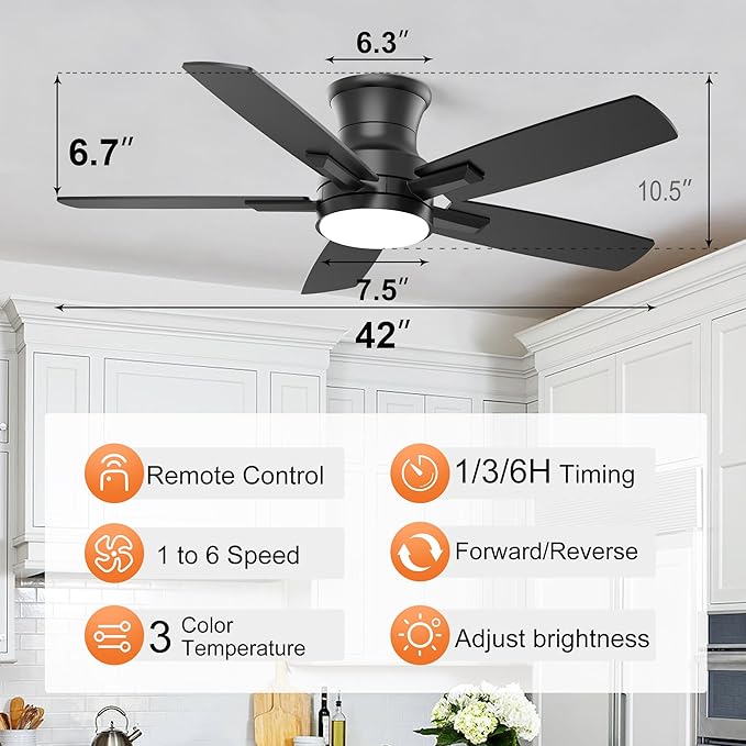 YUHAO 42 Inch Flush Mount Black Ceiling Fan with Light and Remote Control.Noiseless,Dimmable,3CCT,6 Speeds Reversible, Low Profile DC Ceiling Fans for Indoor or Covered Outdoor Use,ETL Listed