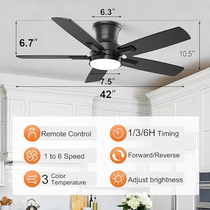 YUHAO 42 Inch Flush Mount Black Ceiling Fan with Light and Remote Control.Noiseless,Dimmable,3CCT,6 Speeds Reversible, Low Profile DC Ceiling Fans for Indoor or Covered Outdoor Use,ETL Listed