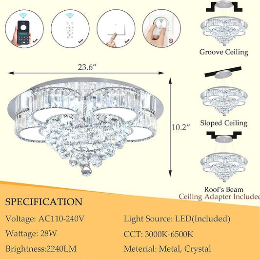 Modern Crystal Chandeliers for Dining Room LED Dimmable Light Fixtures Flush Mount Light Living Room Bedrooms