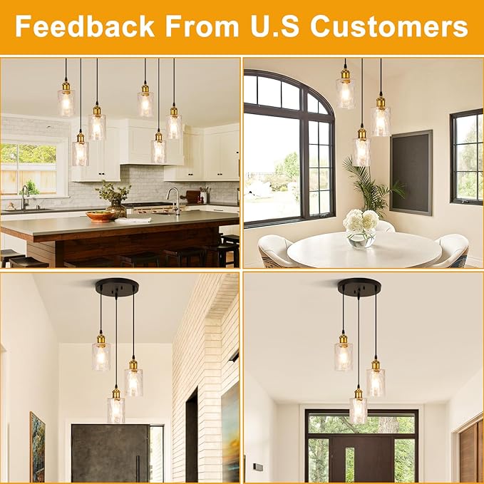 3-Light Pendant Light Fixtures, Black and Gold Pendant Lights Kitchen Island, Adjustable Pendant Lighting with Clear Hammered Glass Shade, Modern Hanging Light Fixtures for Dining Room, Hallway